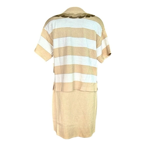 ST JOHN Collection Women Crew Neck Nautical Sweater Skirt Set Beige Stripe Knit - Picture 6 of 9